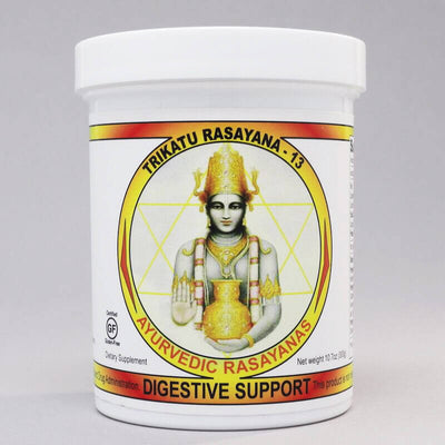 Ayurvedic dietary supplement called digestive support trikatu rasayana made in the USA by ayurveda-herbs.com, 300 gram jar.  For kapha and vata dosha balancing.