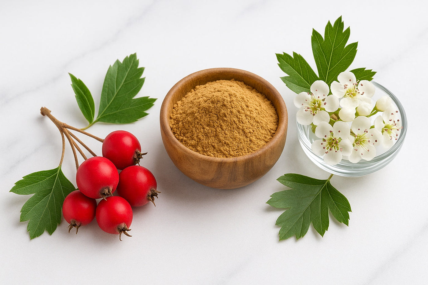 hawthorn berries, flowers and powder on marble white table