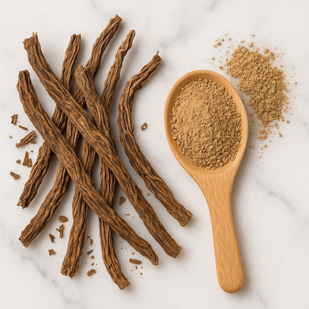 Sarsaparilla root and powder in wooden spoon