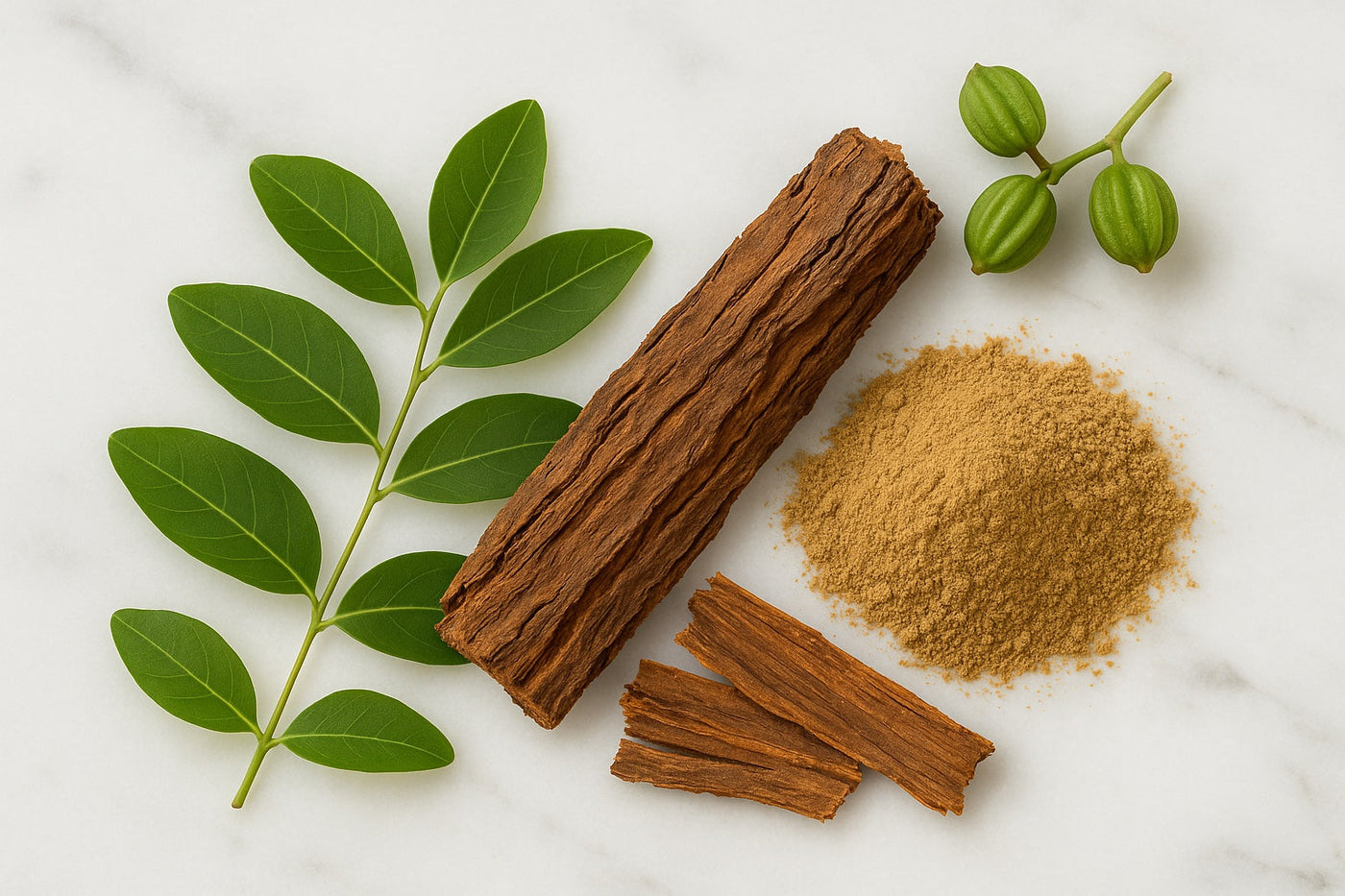Ajuna bark, leaves and powder on white marble