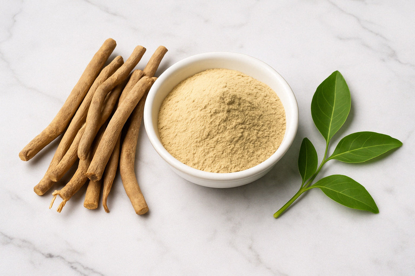 Ashwagandha root and bowl of powder on marble table