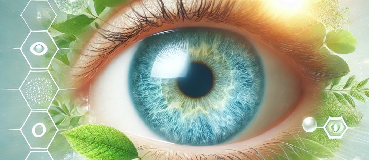 a close up image of an eye with leaves and lines