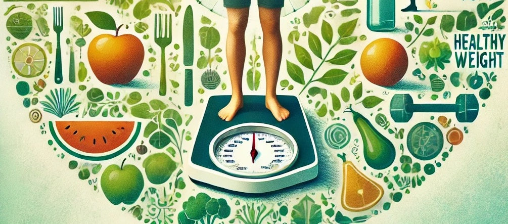 legs standing on a scale surrounded by fruit, weights and cutlery.