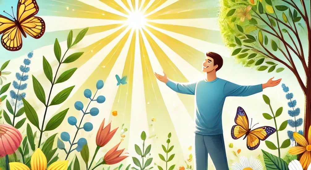 a happy man after eatting ayurvedic herbs to support his mood