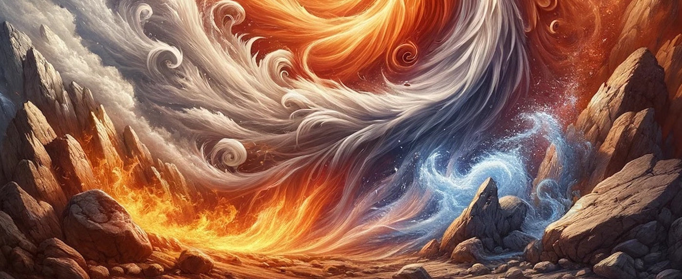 a rendered image of the five elements earth, wind, fire and water, and air energy