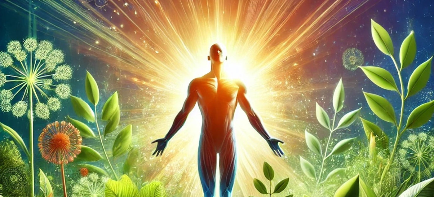 a man in nature with light shining out of his body giving the applerance of vitality 