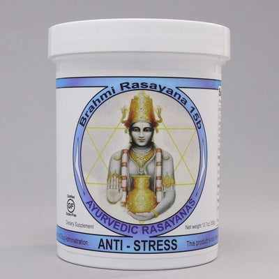 Ayurvedic supplement called anti stress Brahmi rasayana for the pitta dosha made in the USA by ayurveda-herbs.com, 300 gram jar. For pitta dosha.