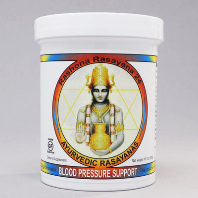 Ayurvedic supplement called blood pressure support rashona rasayana made in the USA by ayurveda-herbs.com, 300 gram jar. For vata and pitta dosha.