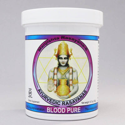Ayurvedic dietary supplement Blood Pure rasayana that is dosha balancing for pitta, made in the USA by ayurveda-herbs.com, 300 gram jar. Pitta dosha balancing.