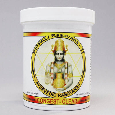 Ayurvedic dietary supplement called congest clear Pippali rasayana made in the USA by ayurveda-herbs.com, 300 gram jar. For Kapha imbalances.