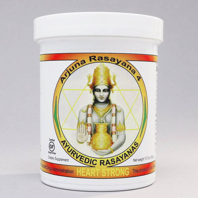 Ayurvedic dietary supplement called heart strong Arjuna Rasayana made in the USA by ayurveda-herbs.com, 300 gram jar.