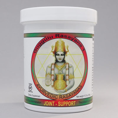Ayurvedic dietary supplement called joint support guggulu rasayana made in the USA by ayurveda-herbs.com, 300 gram jar