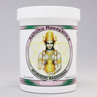 Ayurvedic dietary supplement menses ease Ashoka rasayana made in the USA by ayurveda-herns.com, 300 gram jar. Pitta Dosha balancing.