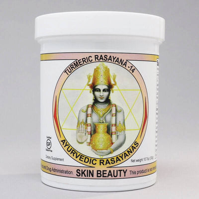 Ayurvedic dietary supplement skin beauty turmeric rasayana, made in the USA, by ayurveda-herbs.com. 300 gram jar. For all dosha body types.